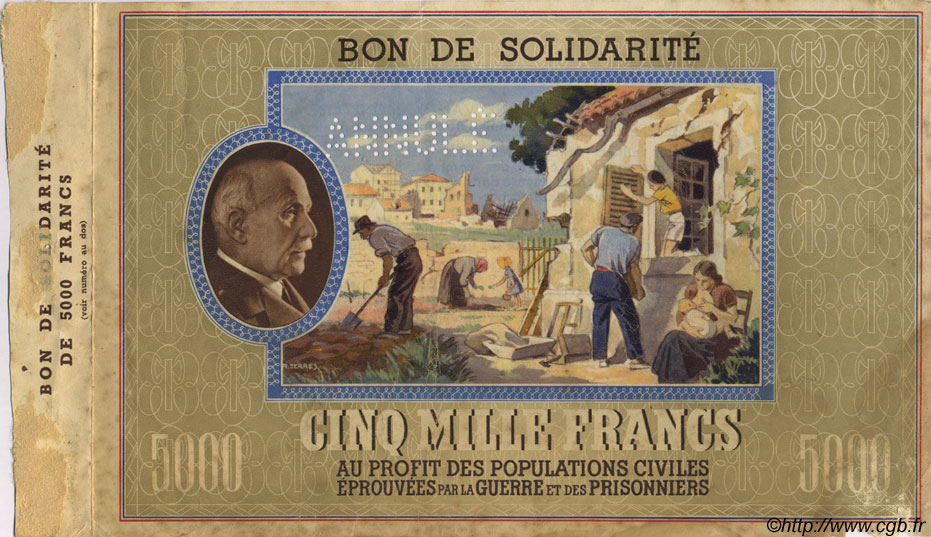 5000 Francs BON DE SOLIDARITÉ Annulé FRANCE regionalism and various  1941 KL.13Bs VF+