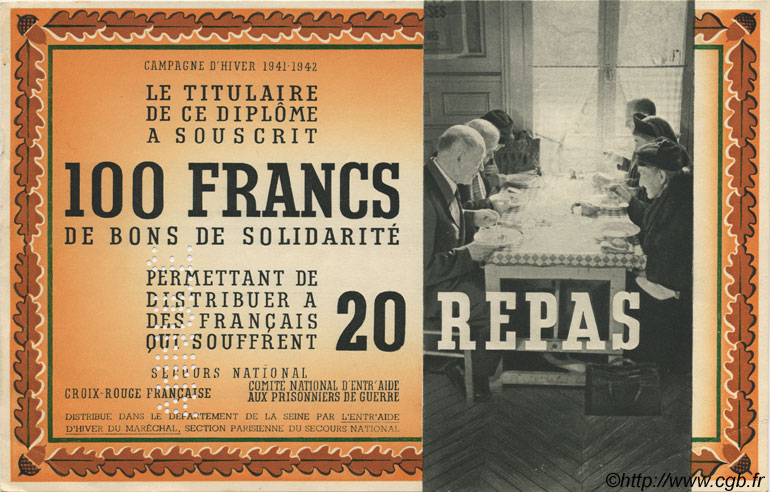 100 Francs - 20 Repas Annulé FRANCE regionalism and miscellaneous  1941 KLd.01Bs UNC-