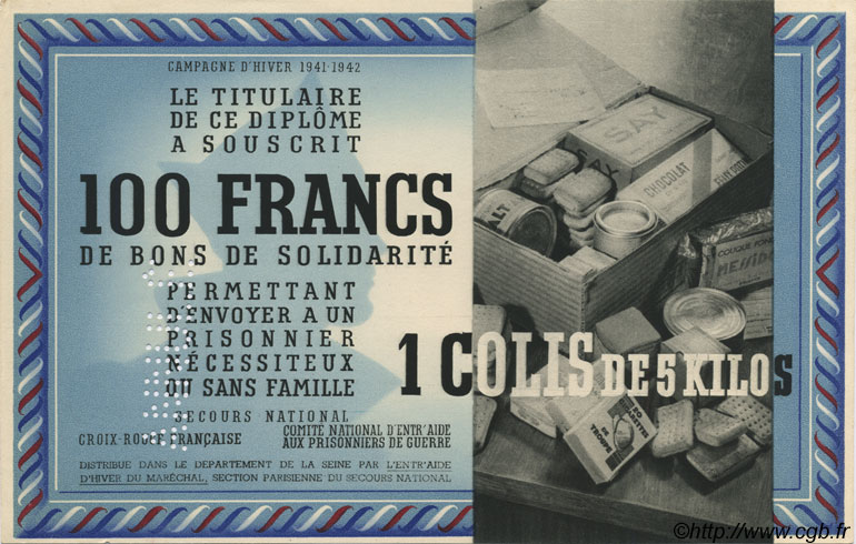 100 Francs - 1 Colis de 5 Kilos FRANCE regionalism and miscellaneous  1941 KLd.02Bs UNC-