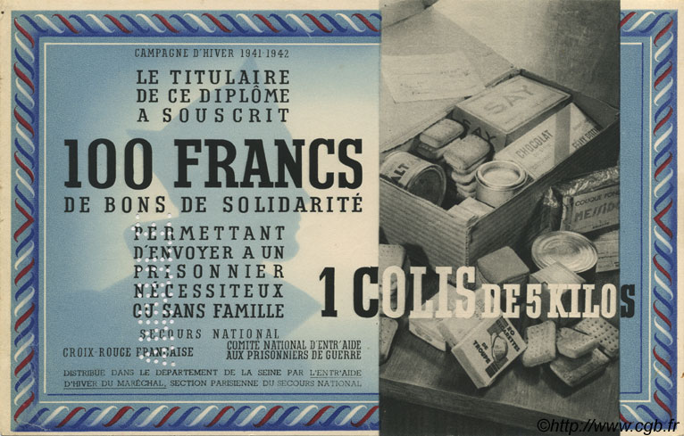 100 Francs - 1 Colis de 5 Kilos Annulé FRANCE regionalism and miscellaneous  1941 KLd.02Bs UNC-