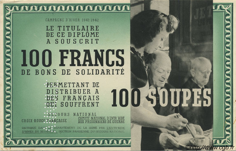 100 Francs - 100 Soupes FRANCE regionalism and miscellaneous  1941 KLd.04Bs UNC-