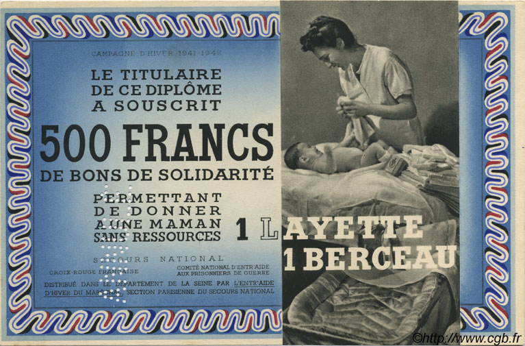 500 Francs - 1 Layette 1 Berceau FRANCE regionalism and miscellaneous  1941 KLd.05Bs UNC-