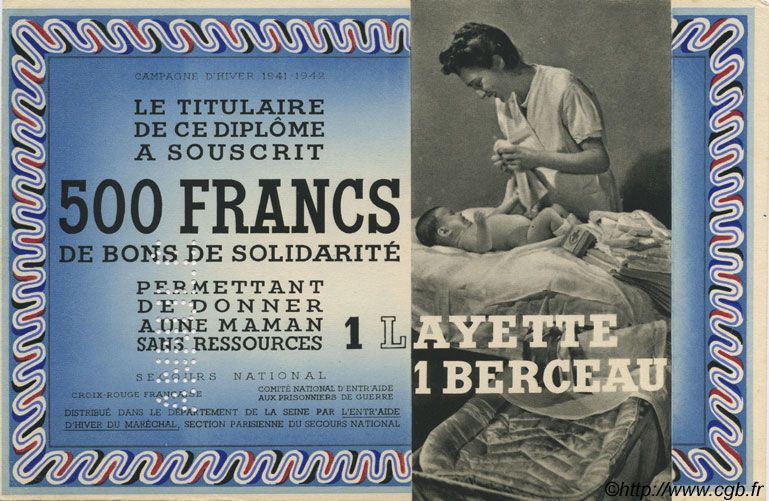 500 Francs - 1 Layette 1 Berceau Annulé FRANCE regionalismo y varios  1941 KLd.05Bs SC+