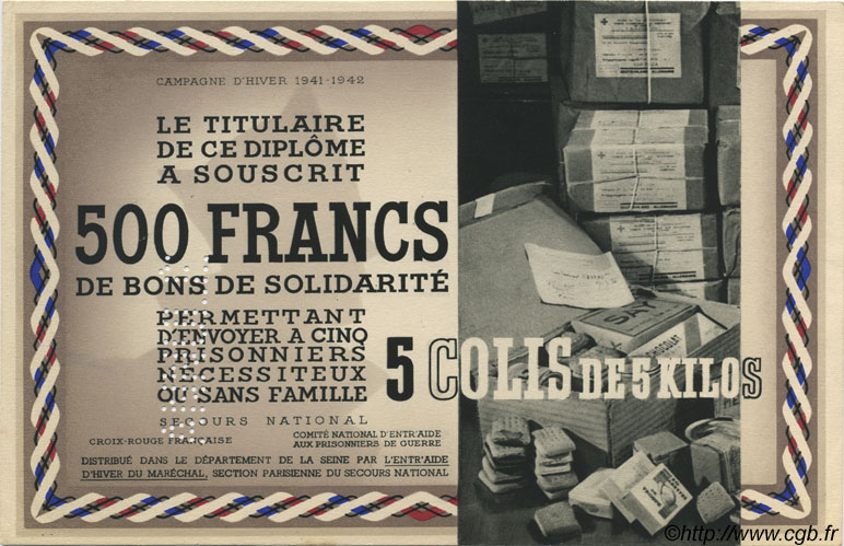 500 Francs - 5 Colis de 5 Kilos FRANCE regionalism and miscellaneous  1941 KLd.06Bs UNC-