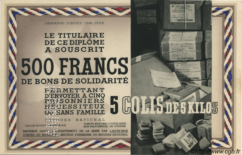 500 Francs - 5 Colis de 5 Kilos Annulé FRANCE regionalism and miscellaneous  1941 KLd.06Bs UNC-