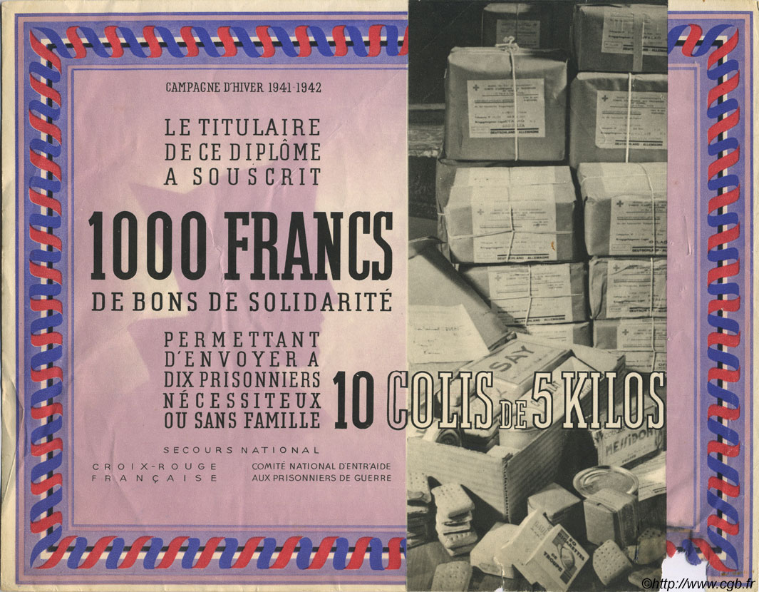 1000 Francs - 10 Colis de 5 Kilos FRANCE regionalism and miscellaneous  1941 KLd.07As XF