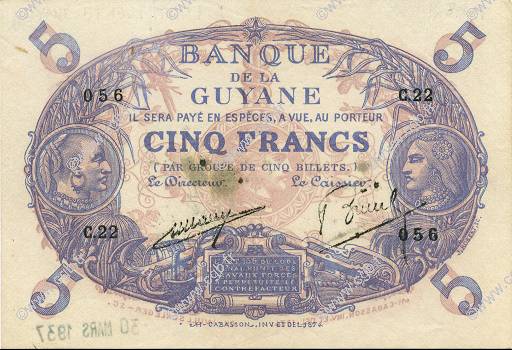 5 Francs Cabasson bleu FRENCH GUIANA  1930 P.01a var XF