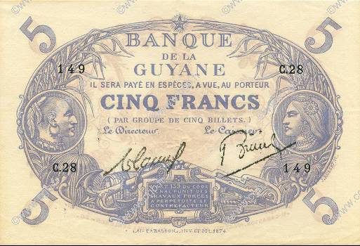 5 Francs Cabasson bleu FRENCH GUIANA  1933 P.01b fST