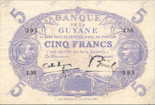 5 Francs Cabasson bleu FRENCH GUIANA  1939 P.01c VF+