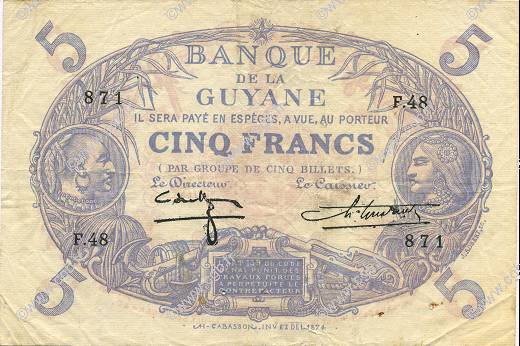 5 Francs Cabasson bleu FRENCH GUIANA  1944 P.01d q.SPL