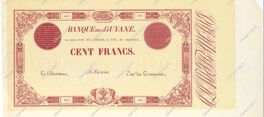 100 Francs FRENCH GUIANA  1887 P.03s FDC