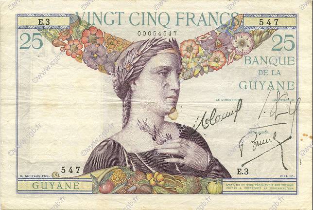 25 Francs FRENCH GUIANA  1933 P.07 fVZ