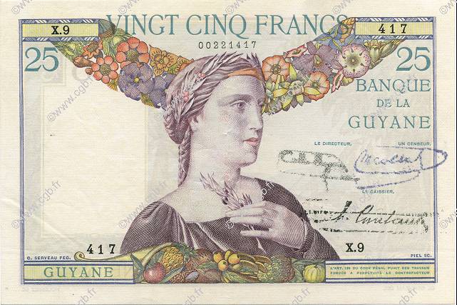 25 Francs FRENCH GUIANA  1940 P.07 q.AU