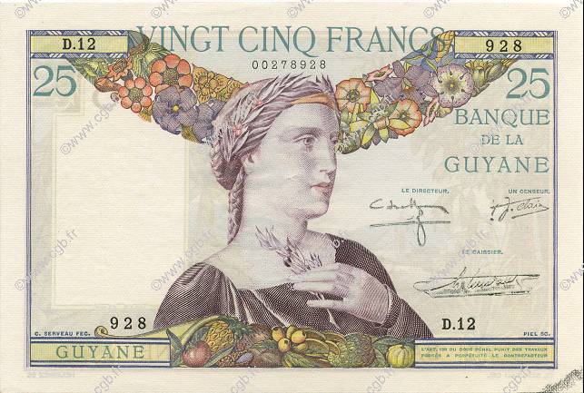 25 Francs FRENCH GUIANA  1942 P.07 SC+