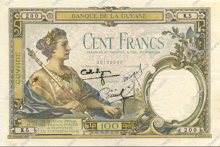 100 Francs FRENCH GUIANA  1939 P.08 VF+