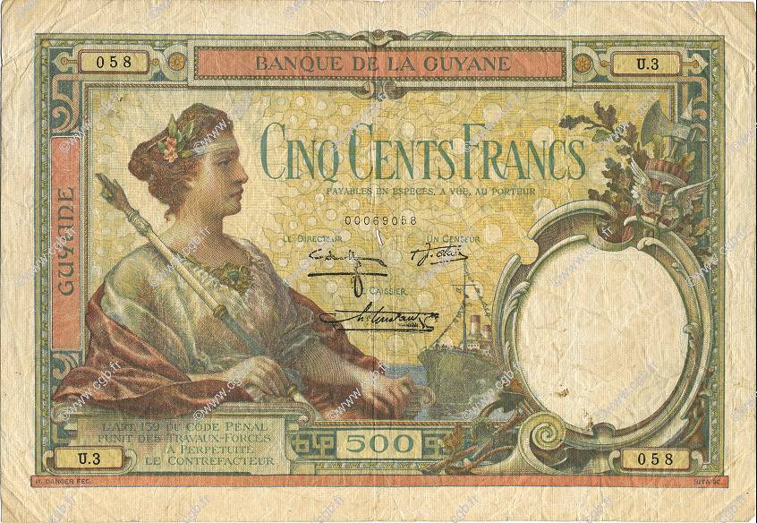 500 Francs FRENCH GUIANA  1942 P.09 S to SS