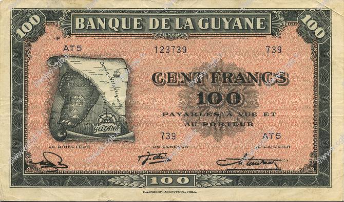 100 Francs FRENCH GUIANA  1945 P.13b MBC+