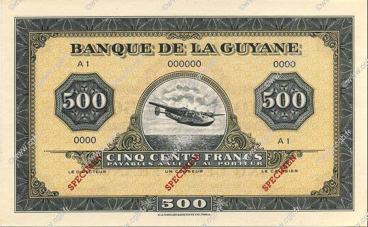 500 Francs FRENCH GUIANA  1942 P.14s FDC