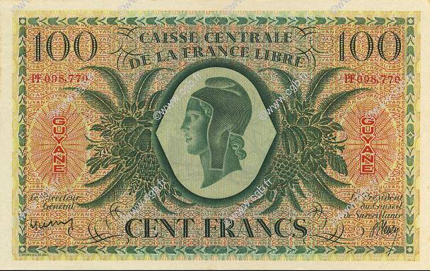 100 Francs FRENCH GUIANA  1943 P.16a AU+