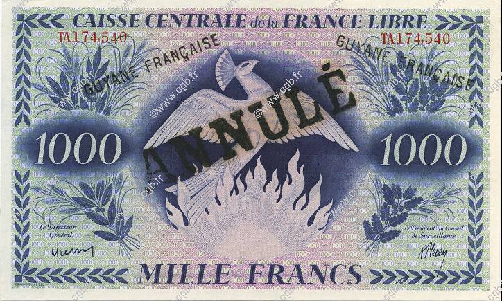 1000 Francs FRENCH GUIANA  1943 P.16A FDC