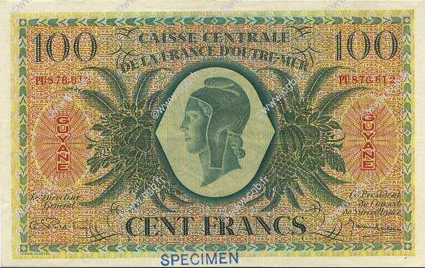 100 Francs Spécimen FRENCH GUIANA  1943 P.17s AU-