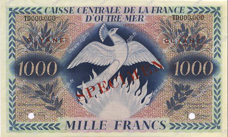 1000 Francs FRENCH GUIANA  1947 P.18s VZ+ to fST