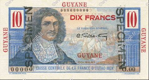 10 Francs Colbert FRENCH GUIANA  1946 P.20s FDC