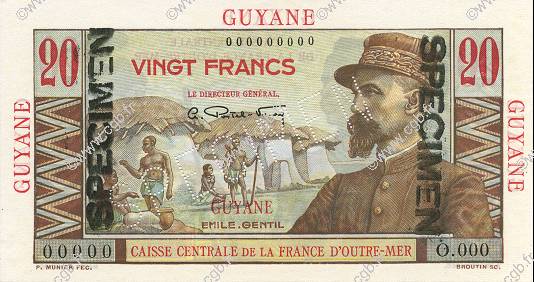 20 Francs Émile Gentil FRENCH GUIANA  1946 P.21s UNC