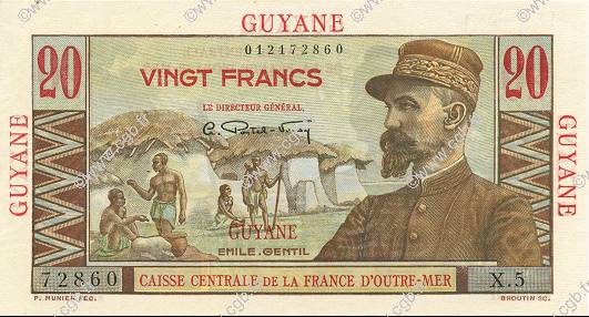 20 Francs Émile Gentil FRENCH GUIANA  1946 P.21a AU+
