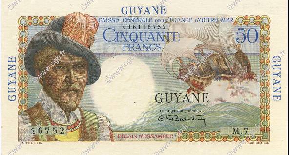 50 Francs Belain d Esnambuc FRENCH GUIANA  1946 P.22a AU+