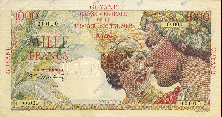 1000 Francs Union Française FRENCH GUIANA  1947 P.25s EBC