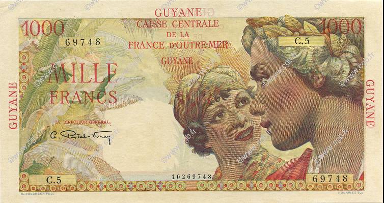 1000 Francs Union Française FRENCH GUIANA  1947 P.25a AU