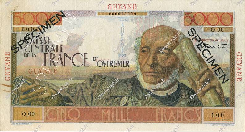5000 Francs Schoelcher FRENCH GUIANA  1952 P.26s XF