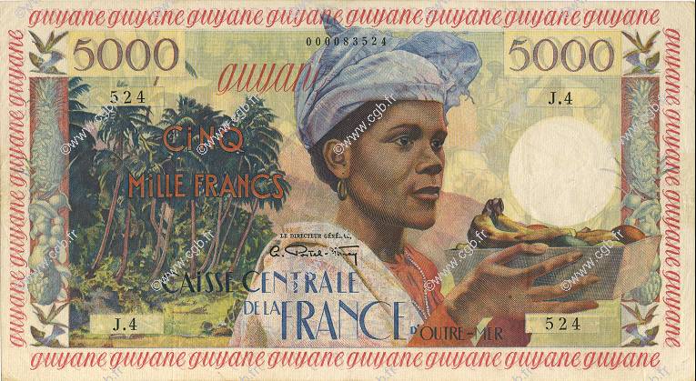 5000 Francs antillaise FRENCH GUIANA  1956 P.28 XF+