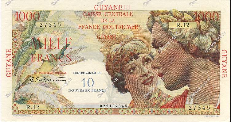 10 NF sur 1000 Francs Union Française FRENCH GUIANA  1961 P.32 AU+