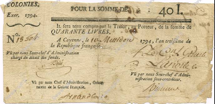 40 Livres FRENCH GUIANA  1794 P.A5 MB