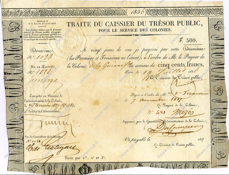 500 Francs GUYANE  1836 K.251 TTB+