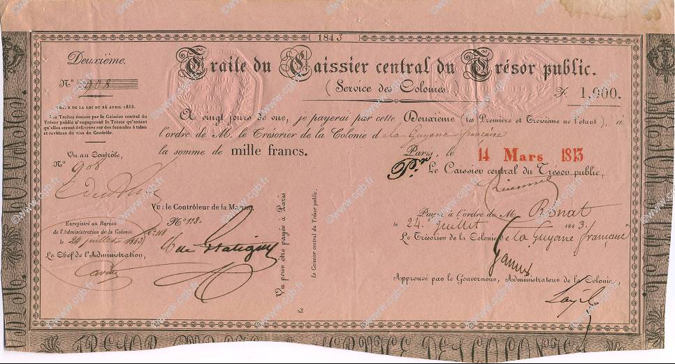 1000 Francs FRENCH GUIANA  1843 K.254 EBC