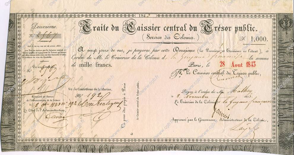 1000 Francs GUYANE  1843 K.254 SUP