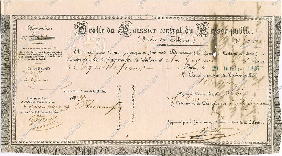5000 Francs GUYANE  1846 K.256 SUP