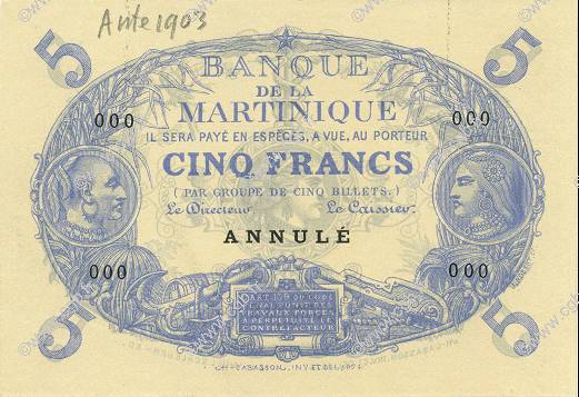 5 Francs Cabasson bleu MARTINIQUE  1895 P.05Cs UNC
