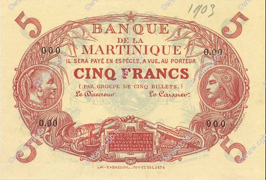5 Francs Cabasson rouge MARTINIQUE  1903 P.05D FDC