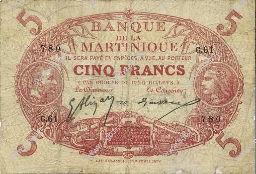 5 Francs Cabasson rouge MARTINIQUE  1919 P.06A RC