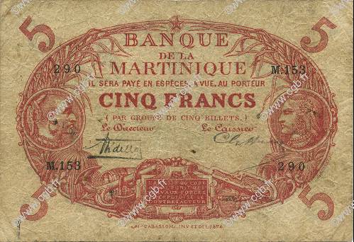 5 Francs Cabasson rouge MARTINIQUE  1930 P.06A B+