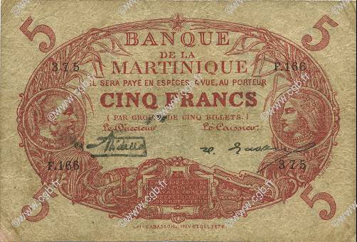 5 Francs Cabasson rouge MARTINIQUE  1929 P.06A G