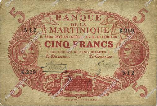 5 Francs Cabasson rouge MARTINIQUE  1932 P.06A SGE
