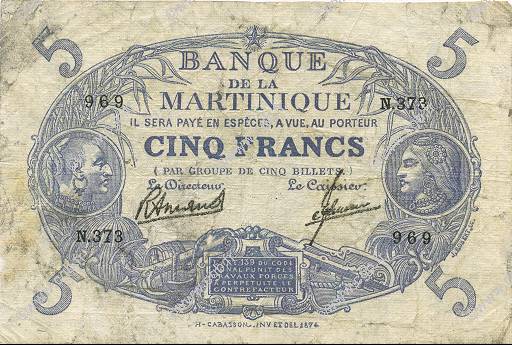 5 Francs Cabasson bleu MARTINIQUE  1945 P.06var RC