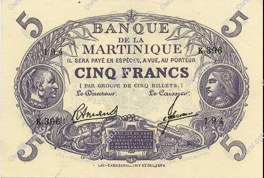 5 Francs Cabasson violet MARTINIQUE  1946 P.06 SC