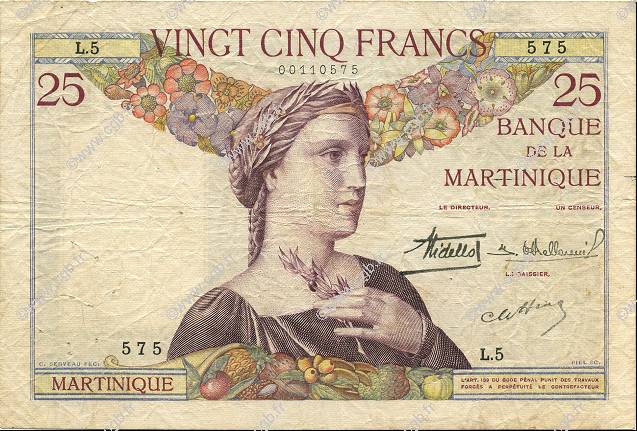 25 Francs MARTINIQUE  1930 P.12 BC+