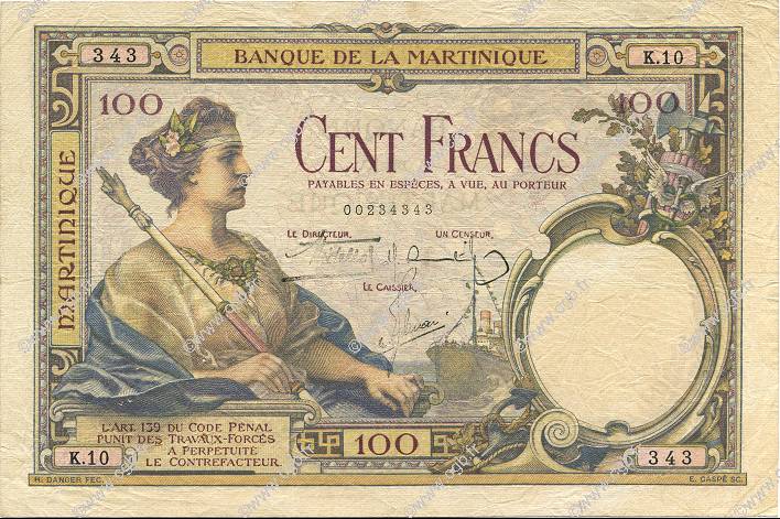 100 Francs MARTINIQUE  1934 P.13 BC